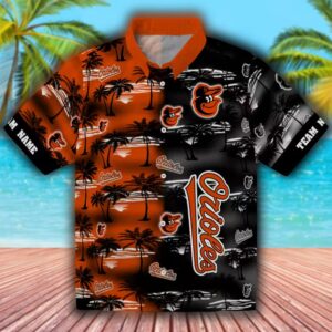 Baltimore Orioles Orange Hawaiian Shirt with Palm Silhouettes Custom Design 1