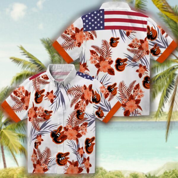 Baltimore Orioles Patriotic Hibiscus Hawaiian Shirt Orange White 3
