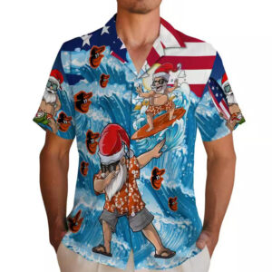 Baltimore Orioles Surfing Santa Hawaiian Shirt Blue 2