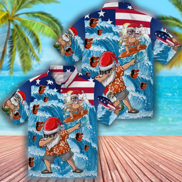 Baltimore Orioles Surfing Santa Hawaiian Shirt Blue 3