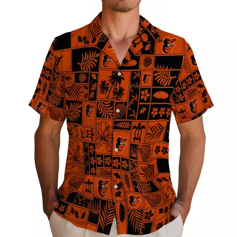 Baltimore Orioles Tropical Hawaiian Shirt Orange Black Patchwork Design Baltimore Orioles Tropical Hawaiian Shirt Orange Black Patchwork Design