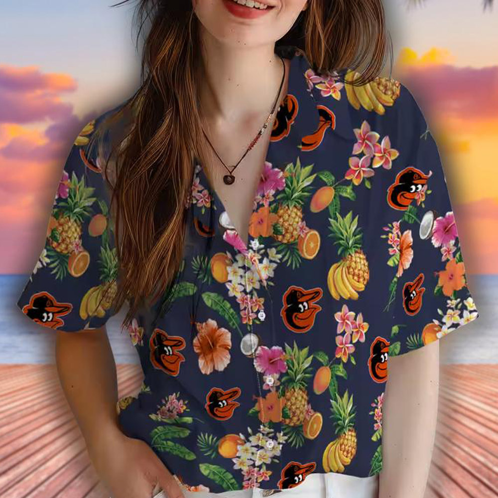 Hawaiian Shirt Baltimore Orioles Hibiscus Fruit Navy Blue Design Hawaiian Shirt Baltimore Orioles Hibiscus Fruit Navy Blue Design