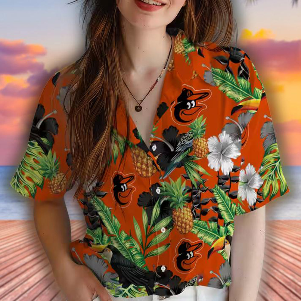 Hawaiian Shirt Baltimore Orioles Toucan Hibiscus Pineapple Orange Green Hawaiian Shirt Baltimore Orioles Toucan Hibiscus Pineapple Orange Green