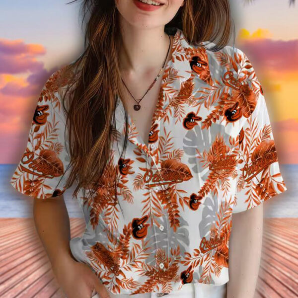 Hawaiian Shirt Baltimore Orioles Tropical Leaves White Baseball Design 4