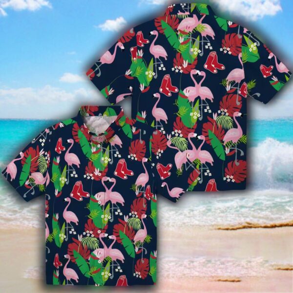 Boston Red Sox Hawaiian Shirt Flamingo Foliage Red Green Design 3