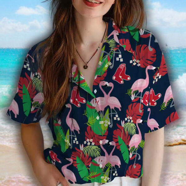 Boston Red Sox Hawaiian Shirt Flamingo Foliage Red Green Design 4