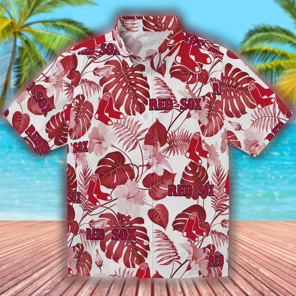 Boston Red Sox Hawaiian Shirt Tropical Plants Red White Design Boston Red Sox Hawaiian Shirt Tropical Plants Red White Design