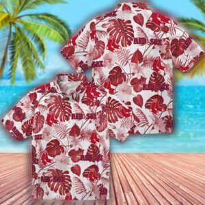 Boston Red Sox Hawaiian Shirt Tropical Plants Red White Design 3
