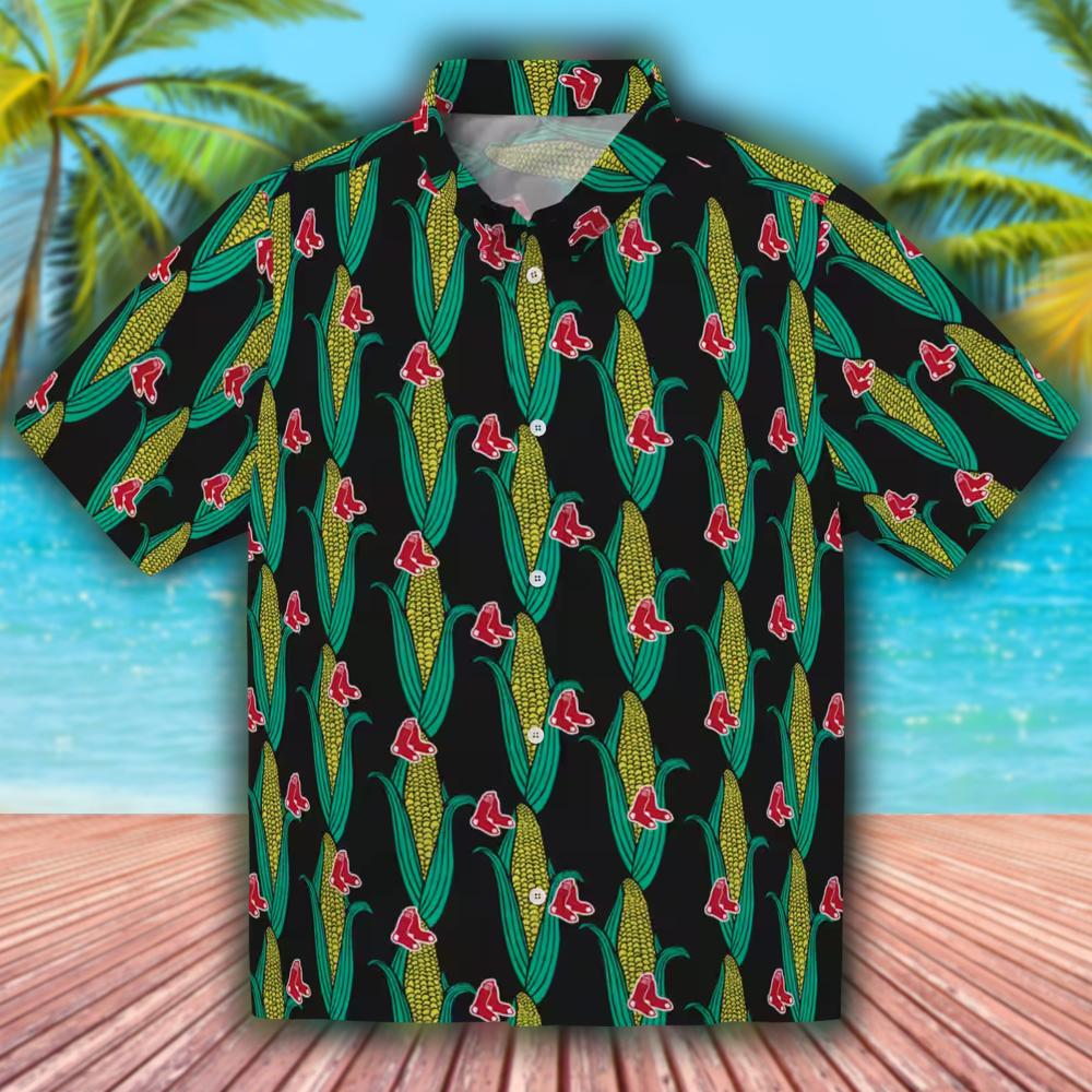 Boston Red Sox Hawaiian Shirt with Corn Motifs in Black Green Boston Red Sox Hawaiian Shirt with Corn Motifs in Black Green