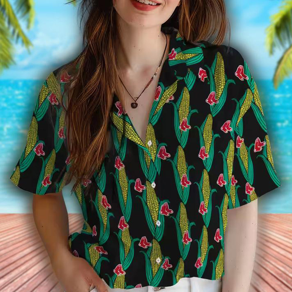 Boston Red Sox Hawaiian Shirt with Corn Motifs in Black Green Boston Red Sox Hawaiian Shirt with Corn Motifs in Black Green