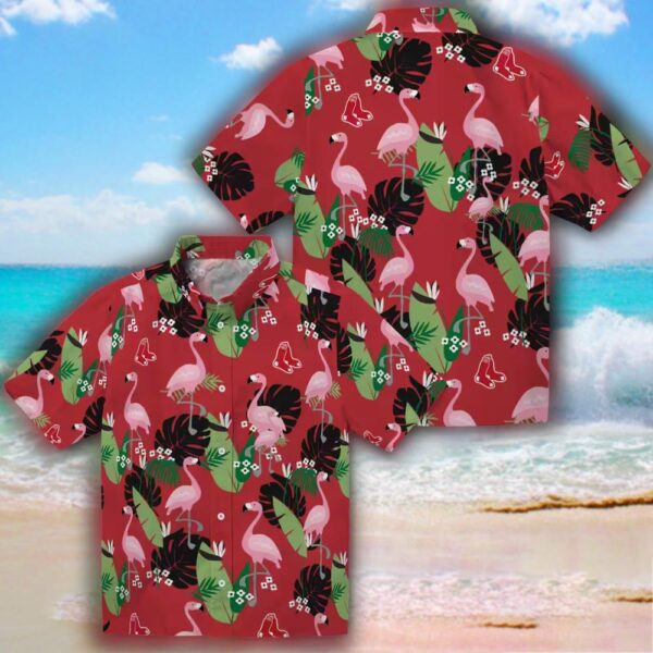 Boston Red Sox Hawaiian Shirt with Flamingo and Leaf Design in Red 3