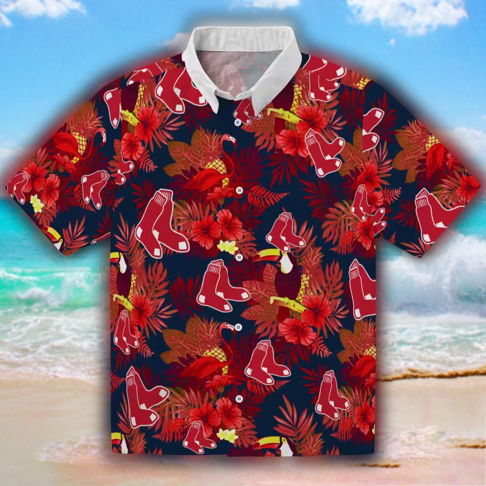 Boston Red Sox Hawaiian Shirt with Floral Toucan Design in Red Boston Red Sox Hawaiian Shirt with Floral Toucan Design in Red