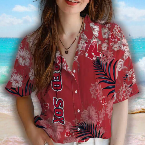 Boston Red Sox Hawaiian Shirt with Hibiscus Print in Red 4