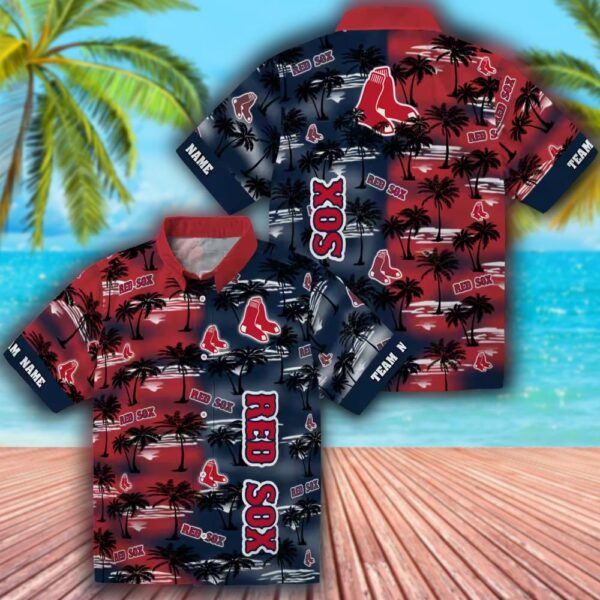 Boston Red Sox Hawaiian Shirt with Palm Silhouettes Design 3