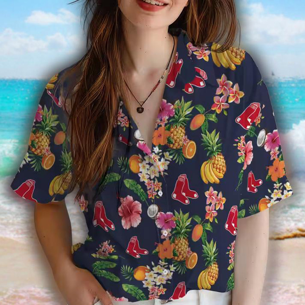 Boston Red Sox Navy Blue Hibiscus Fruit Hawaiian Shirt Boston Red Sox Navy Blue Hibiscus Fruit Hawaiian Shirt