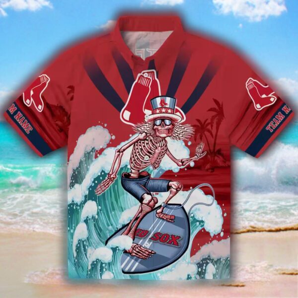 Boston Red Sox Surfing Skeleton Hawaiian Shirt Red Blue Design 1