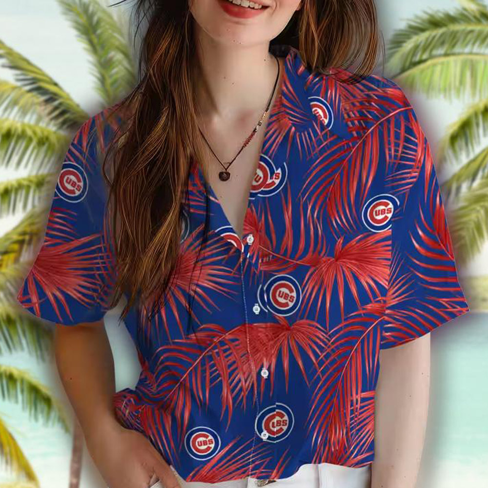Chicago Cubs Blue Hawaiian Shirt with Leafy Palms Design Chicago Cubs Blue Hawaiian Shirt with Leafy Palms Design