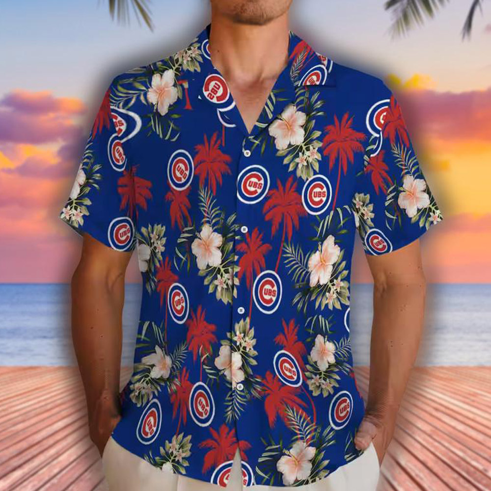 Chicago Cubs Blue Hawaiian Shirt with Palm Tree Flower Design Chicago Cubs Blue Hawaiian Shirt with Palm Tree Flower Design
