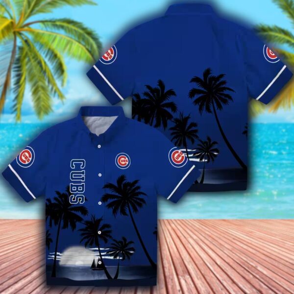 Chicago Cubs Hawaiian Shirt Beach Sunset Blue Black Design 3