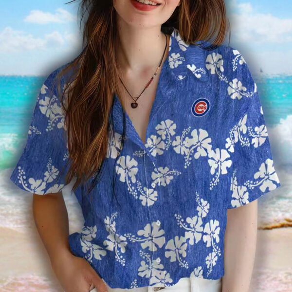 Chicago Cubs Hawaiian Shirt Blue Hibiscus Clusters Design 4