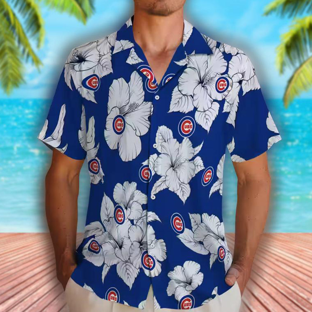 Chicago Cubs Hawaiian Shirt Blue White Hibiscus Blooms Design Chicago Cubs Hawaiian Shirt Blue White Hibiscus Blooms Design