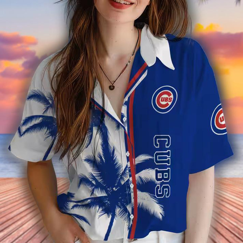 Chicago Cubs Hawaiian Shirt Blue White Palm Trees Design Chicago Cubs Hawaiian Shirt Blue White Palm Trees Design