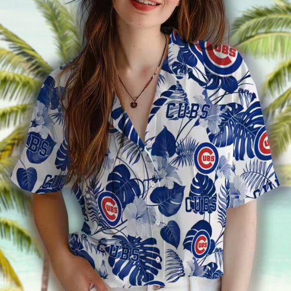 Chicago Cubs Hawaiian Shirt Blue White Tropical Plants Design 4