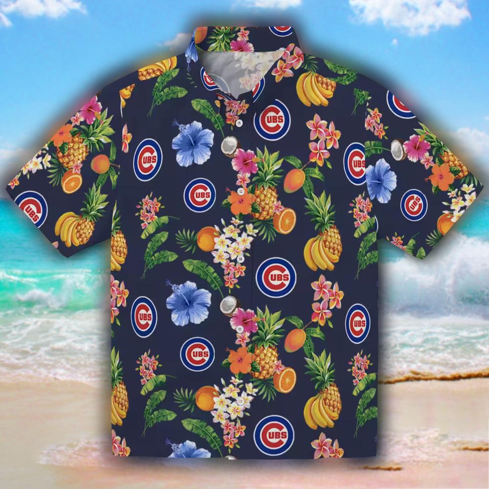 Chicago Cubs Hawaiian Shirt Navy Blue Hibiscus Fruit Design Chicago Cubs Hawaiian Shirt Navy Blue Hibiscus Fruit Design