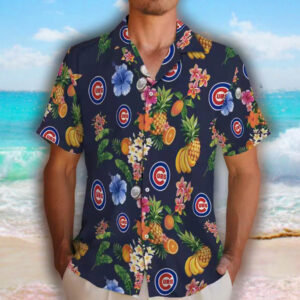 Chicago Cubs Hawaiian Shirt Navy Blue Hibiscus Fruit Design 2