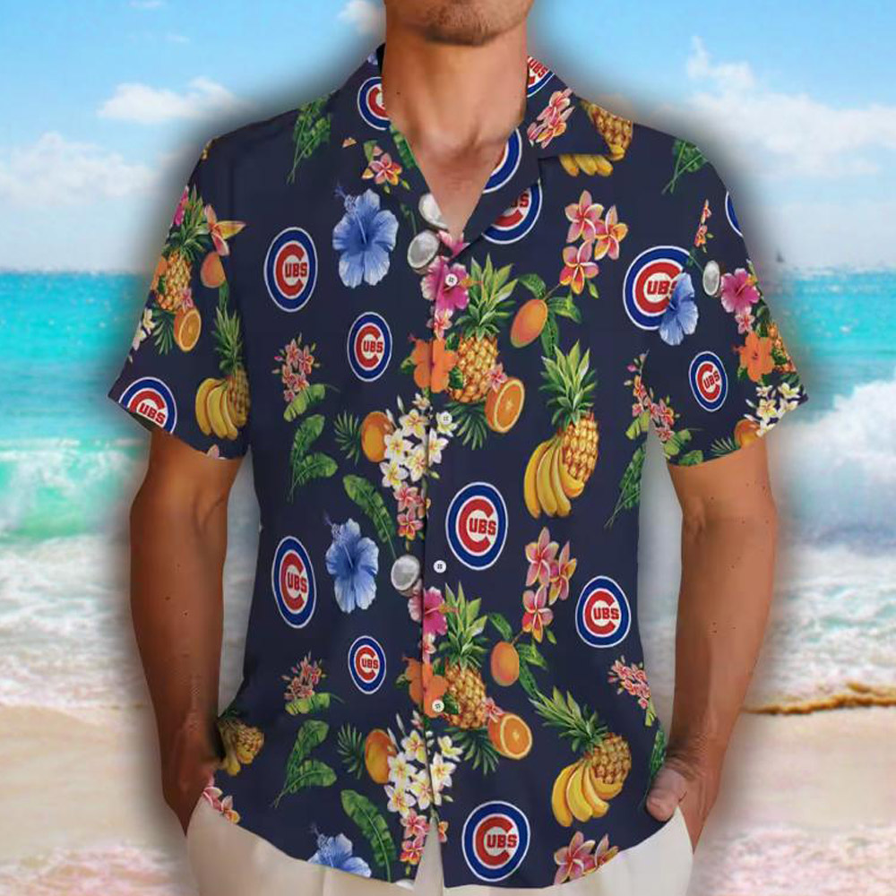 Chicago Cubs Hawaiian Shirt Navy Blue Hibiscus Fruit Design Chicago Cubs Hawaiian Shirt Navy Blue Hibiscus Fruit Design