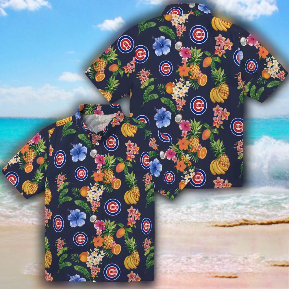 Chicago Cubs Hawaiian Shirt Navy Blue Hibiscus Fruit Design Chicago Cubs Hawaiian Shirt Navy Blue Hibiscus Fruit Design