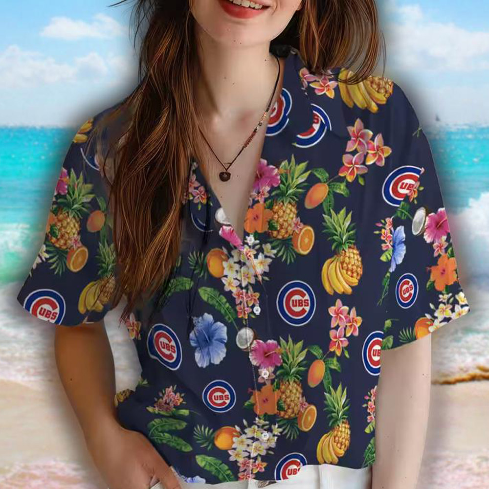 Chicago Cubs Hawaiian Shirt Navy Blue Hibiscus Fruit Design Chicago Cubs Hawaiian Shirt Navy Blue Hibiscus Fruit Design