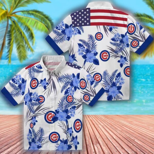 Chicago Cubs Patriotic Hibiscus Hawaiian Shirt Blue White Design 3