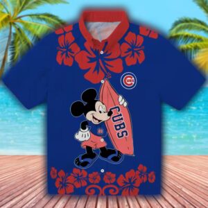 Chicago Cubs Surfing Mickey Blue Hawaiian Button Up Shirt 1