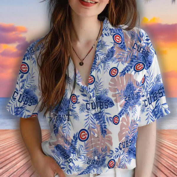 Chicago Cubs Tropical Hawaiian Shirt White Leaves Design 4