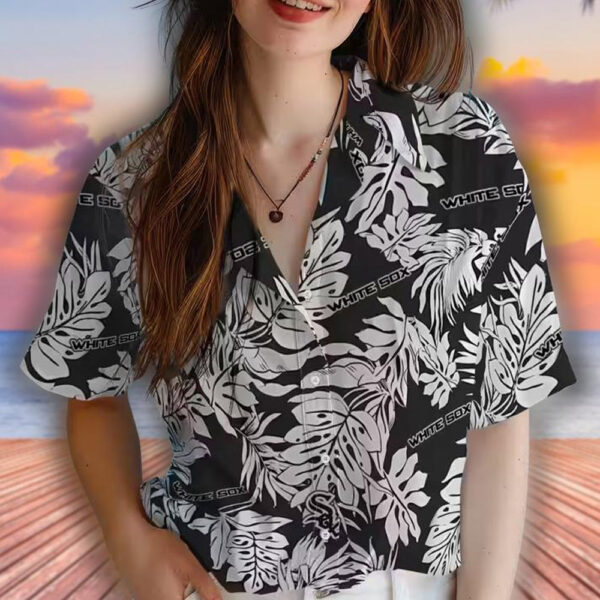 Chicago White Sox Black Hawaiian Shirt with Monstera Leaf Design 4