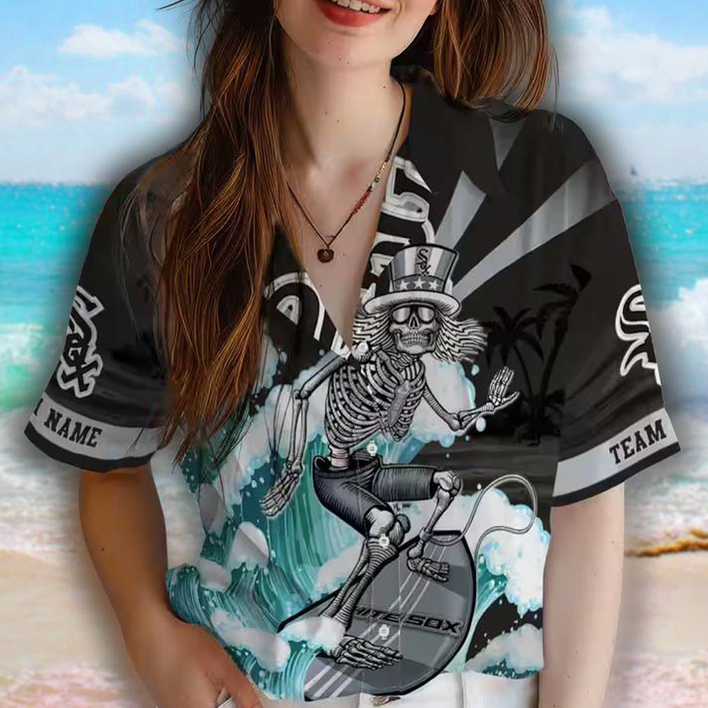 Chicago White Sox Custom Surfing Skeleton Hawaiian Shirt Black Blue Chicago White Sox Custom Surfing Skeleton Hawaiian Shirt Black Blue