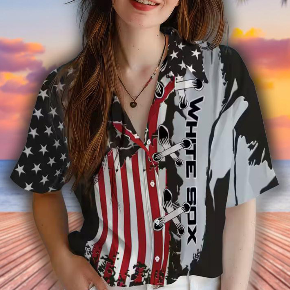 Chicago White Sox Hawaiian Shirt Black Stitched Flag Design Chicago White Sox Hawaiian Shirt Black Stitched Flag Design