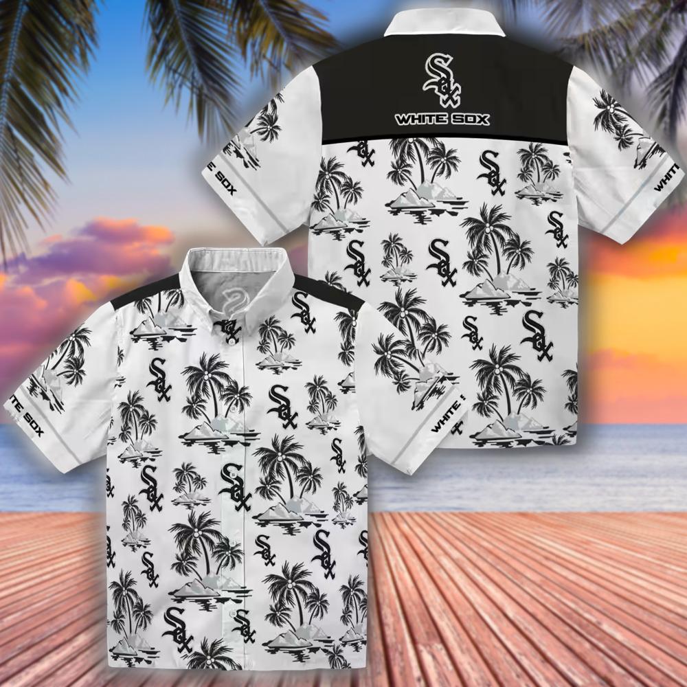 Chicago White Sox Hawaiian Shirt Black White Palm Island Print Chicago White Sox Hawaiian Shirt Black White Palm Island Print