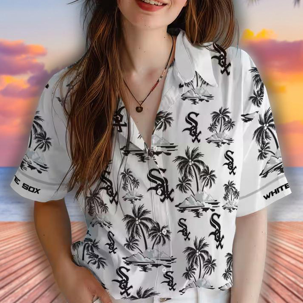 Chicago White Sox Hawaiian Shirt Black White Palm Island Print Chicago White Sox Hawaiian Shirt Black White Palm Island Print