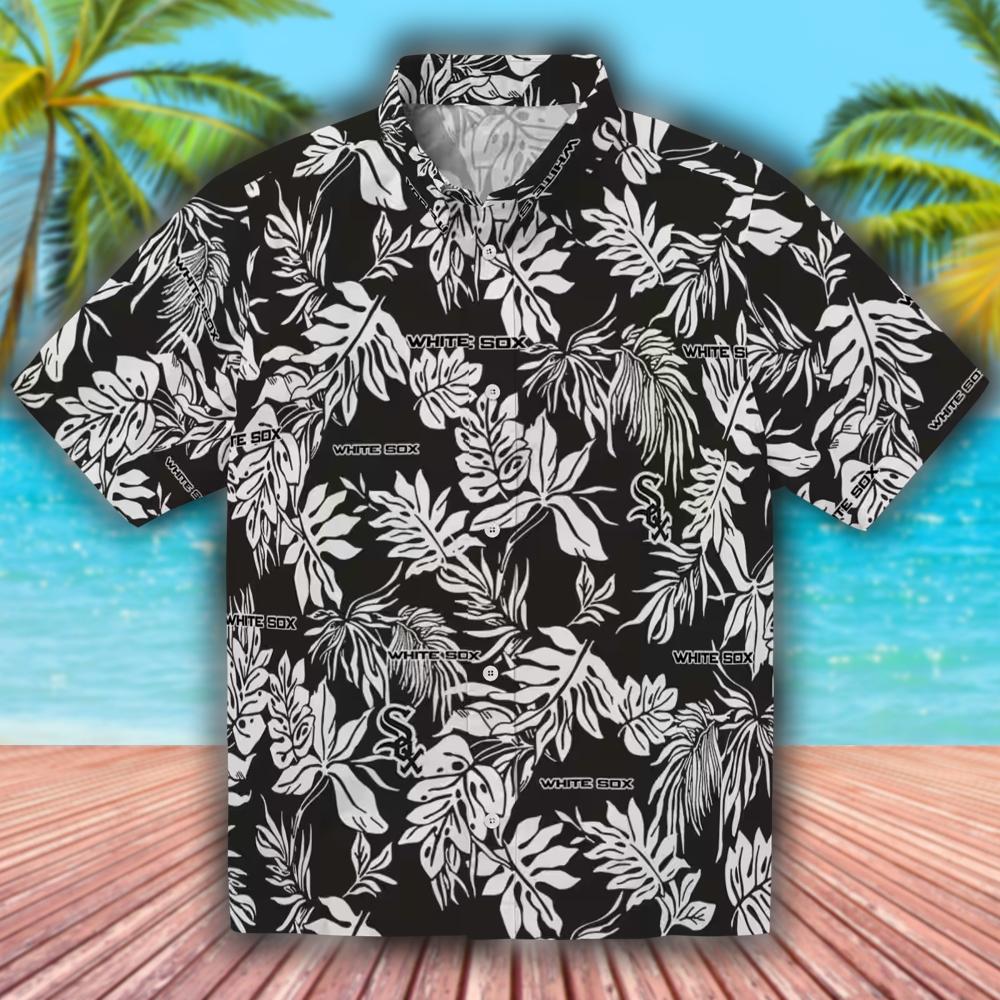 Chicago White Sox Hawaiian Shirt Tropical Leaf Black White Design Chicago White Sox Hawaiian Shirt Tropical Leaf Black White Design