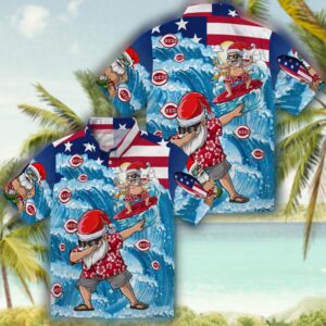 Christmas Cincinnati Reds Surfing Santa Hawaiian Shirt Blue 3