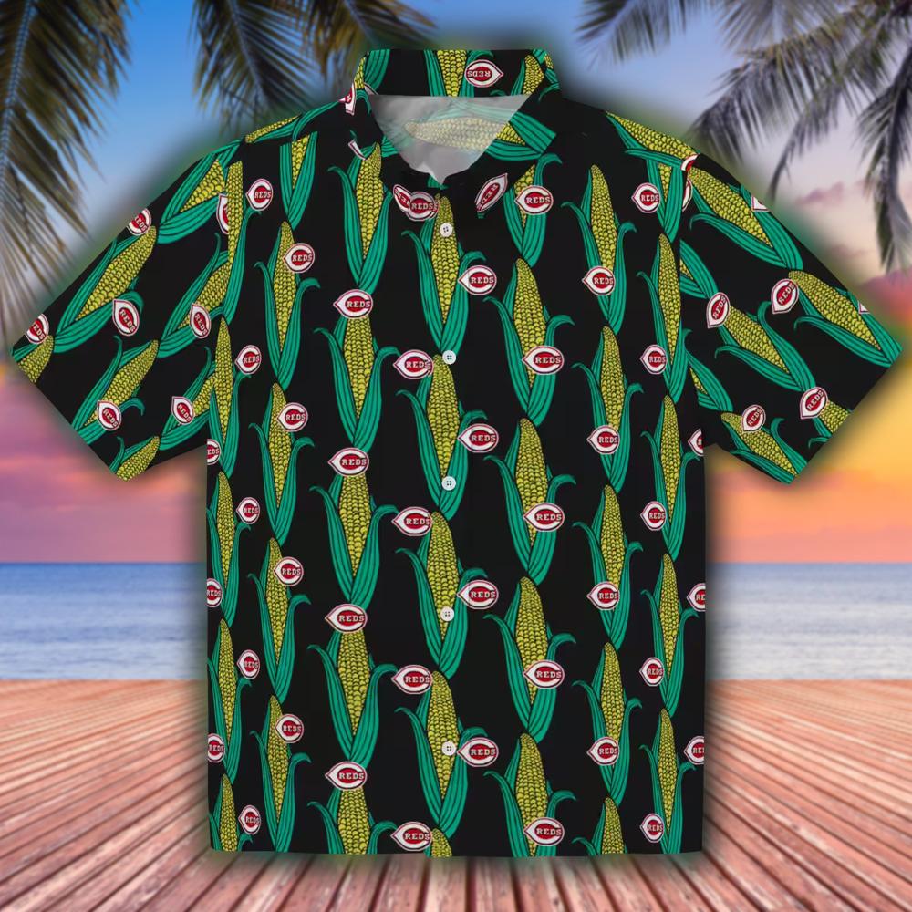 Cincinnati Reds Hawaiian Shirt Black Green Corn Motif Design Cincinnati Reds Hawaiian Shirt Black Green Corn Motif Design