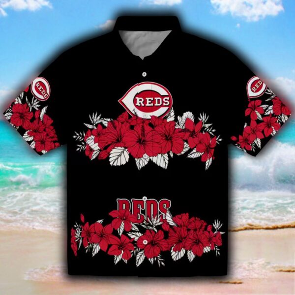 Cincinnati Reds Hawaiian Shirt Red Black Hibiscus Stripe Design 1