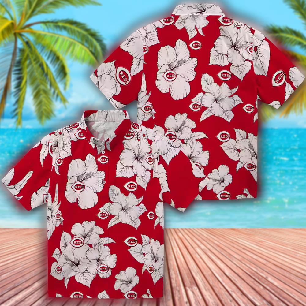 Cincinnati Reds Hawaiian Shirt Red White Hibiscus Blooms Design Cincinnati Reds Hawaiian Shirt Red White Hibiscus Blooms Design
