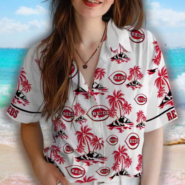 Cincinnati Reds Hawaiian Shirt Red White Palm Island Print 4