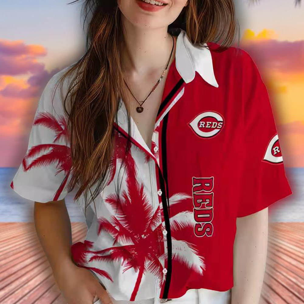 Cincinnati Reds Hawaiian Shirt Red White Palm Trees Design Cincinnati Reds Hawaiian Shirt Red White Palm Trees Design