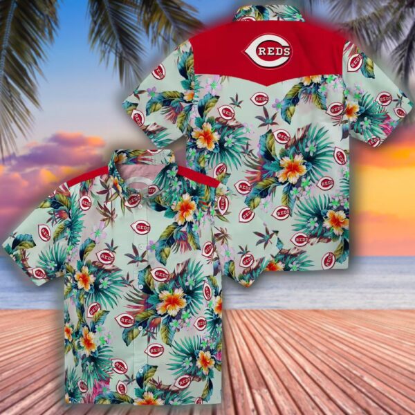 Cincinnati Reds Hawaiian Shirt Tropical Foliage Green Design 3