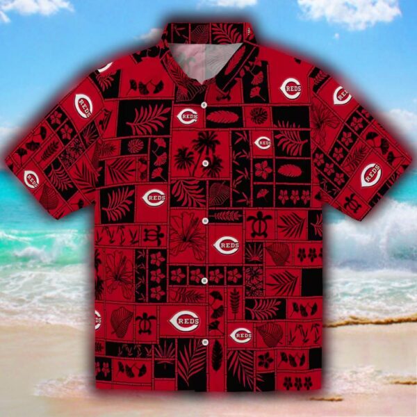 Cincinnati Reds Hawaiian Shirt Tropical Patchwork Red Black Design 1