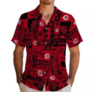 Cincinnati Reds Hawaiian Shirt Tropical Patchwork Red Black Design 2
